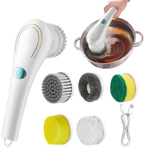 Nettoyeur de barbecue électrique, brosse de nettoyage rechargeable sans fil, brosse de nettoyage amovible et imperméable avec 5 têtes de rechange pour joints de salle de bain, cuisinière, meubles