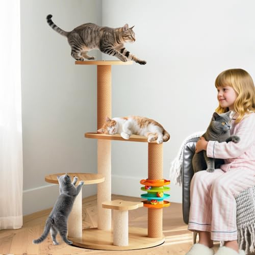 PETCUTE Árbol de Madera para Gatos Grandes,Torre de Gato con Poste Rascador,Condominios y Nido de Cápsulas,Pelota de Juguete,Estilo Moderno para Gatos de Interior