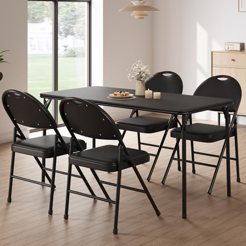 Klappstuhl 4er-Set, Mit PU-Leder Gepolstert Für Sitz Und Rücken, Stapelbarer Metall-Klappsessel Bis 160 kg, Gartenstuhl & Gästestuhl Für Veranstaltung Wohnzimmer Büro Esszimmer Balkon, Schwarz