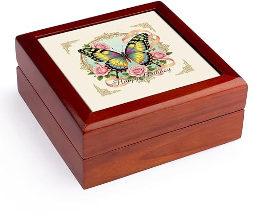 3dRose Art nouveau butterfly, roses, ribbons Happy birthday text, art gift Jewelry Box 7 x 7 inch with 4 inch tile