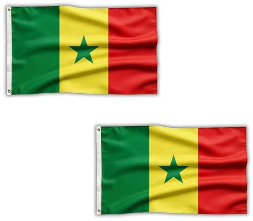 Lot de 2 drapeaux du Sénégal 1,5 x 0,9 m avec œillets en laiton – Drapeau sénégalais en polyester pour matchs de football, zones de supporter, affichage de la maison et du jardin