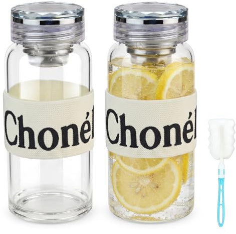 2Pcs Glass Water Bottles - 600ML Clear Reusable Bottle Leak Proof Glass Water Bottle with Beautiful Diamond-cut Sparkling Lid & Protective Sleeve & Filter for Juice/ Fruit-Infused Drinks/ Travel Gym