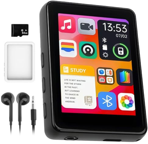 Lecteur MP3 64 Go Bluetooth 5.3 avec Écran Tactile 2,4 Pouces, Baladeur MP4 | Portable avec Haut-Parleur HD Intégré, Radio FM, Enregistreur Vocal, Son HiFi Sans Perte, Supporte Carte TF Jusqu'à 128 Go