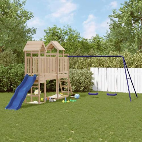 Kaloriko Torre de juegos de madera maciza de pino para niños con tobogán, columpio doble y caja de arena, estructura de escalada para exteriores para jardín, incluye escalera y columpio, robusta casa