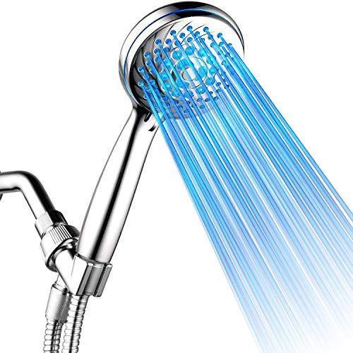 HotelSpa Neon 7-Setting Chrome Face LED Handheld Shower Head with Color Changing Temperature Sensor! Color of LED lights changes automatically according to water temperature by HotelSpa