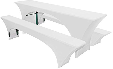 MODERNO gepolsterte Stretch Festzeltgarnitur Set 5tlg Biertischhussen 50er Bierbank Hussen elastische 220x50cm Bierbankhussen Weiss 2 Bierbank Polster