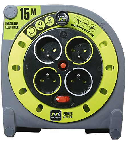 Masterplug Rallonge Prolongateur électrique 15m, Enrouleur Profesionnelle 4 Prises 16 A, Câble Vert 3G1 mm²