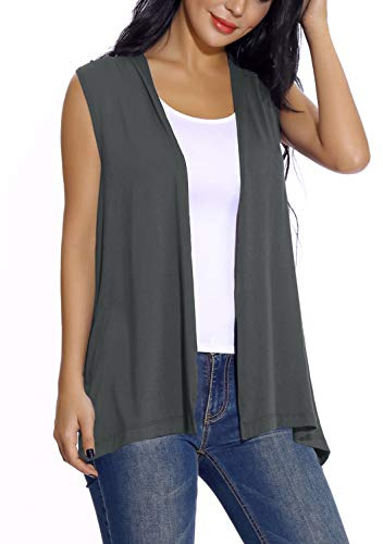 EXCHIC Damen Lassig Armellose Leichte Strickjacke Offene Vorderseite Tunika Weste (XXL, Dunkel Grau)