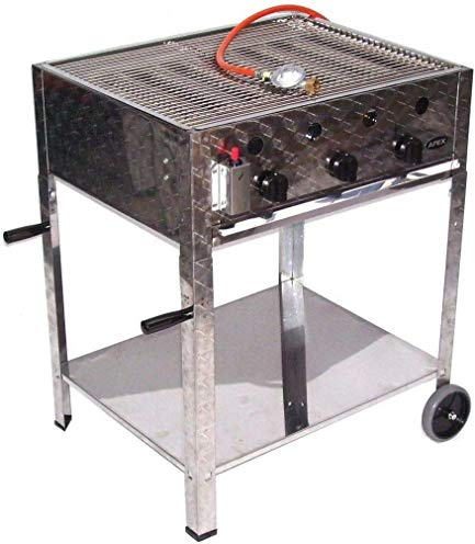 Barbacoa de gas profesional 55510 + juego de parrilla 511 + carro 512 set 5 asadores de gas de acero inoxidable de 10 kW 3 fuegos parrilla de gas barbacoa sartén AWZ