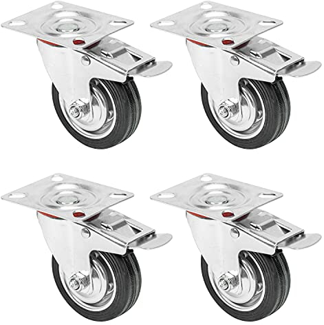 HMF 6790 - Ruote per carichi pesanti in poliuretano con freno, 4 pezzi da 75 mm, capacità fino a 200 kg, colore nero