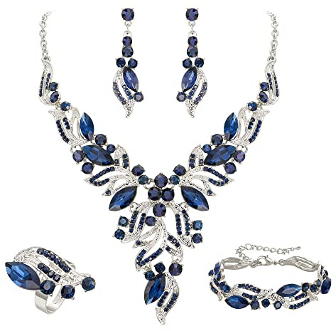 EVER FAITH Parure Bijoux Femme Mariage Mariée Cristal Marquise Feuille Collier Boucles d'oreilles Bracelet et Bague Bleu Argent