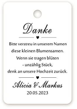 PERSONALISIERT Hochzeit Geschenkanhänger Tags Danke Papieranhänger Etiketten zur Taufe/Hochzeit/Kommunion Konfirmation/Geburtstag Blumensamen 40mmx60mm - Tag 077 (100)