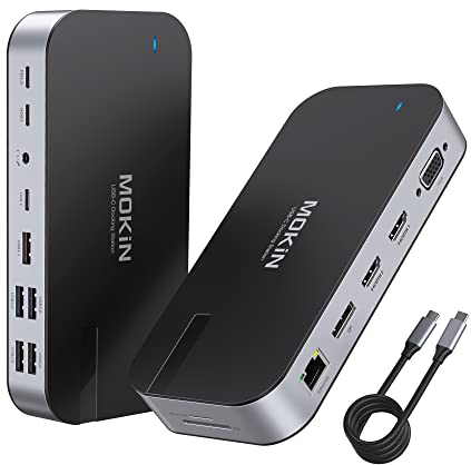 Laptop Docking Station, MOKiN 16 in 1 Docking Station USB C Dock mit Dual Monitor Display mit 2 HDMI 4K, DP, VGA, RJ45,100W PD für Dell Surface Lenovo