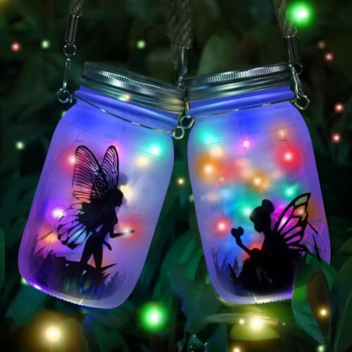 Ecoastal Solar Garden Lights Outdoor,2 Pack Multicolor Fairy String Light Ornaments,Waterproof IP65 LED Glass Jar Hanging Lantern,Decoration Accessories for Garden,Yard,Patio,Lawn,Festivals,Tabletop