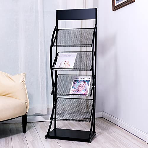 CMYUN Zeitungsständer Bodenmagazinständer mit 4 Taschen - Großes Ablageregal Prospektständer Metall, Zeitungsordner Aufzeichnungsständer Buchorganisator (Color : Black)