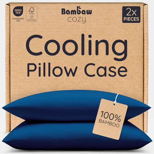 Bambaw Pillow Case, 100% Bamboo Pillowcase, Anti Dust Mite, Pillow Case, Soft and Breathable, 50x70cm, Navy, Pack of 2