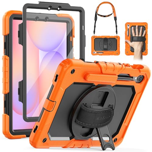 SEYMAC Hülle für Samsung Galaxy Tab S10 Lite/S10 FE/S9 FE 10,9/S9, Orange | Stoßfeste Hülle mit Displayschutzfolie, 360°Drehbarem Ständer, Handschlaufe, Schultergurt, Stifthalter, Arbeit/Outdoor&Alltag