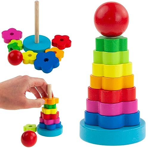 Martom Holz Stapelringe Holzblöcke Puzzle Turm Pyramiden, Sortierer Holzklötze Baby Stapelringe für 1 2 3, Jahre alte Kinder , Frühes Entwicklungs und Aktivitätsspielzeug ,Montessori Spielzeug
