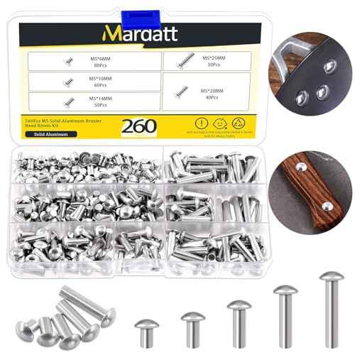 Mardatt 330Pcs M4 Solid Aluminum Brazier Head Rivets, M4 6mm 10mm 14mm 20mm 25mm Length Aluminum Rivets Fastener, Plain Finish, Solid Rivet Kit M4 Flat Head Solid Rivets Assortment Kit for Industry