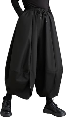 ellazhu Women's Puffy Drawstring Elastic Waist Drop Crotch Hakama Harem Balloon Wide Leg Pants GZ81 Black