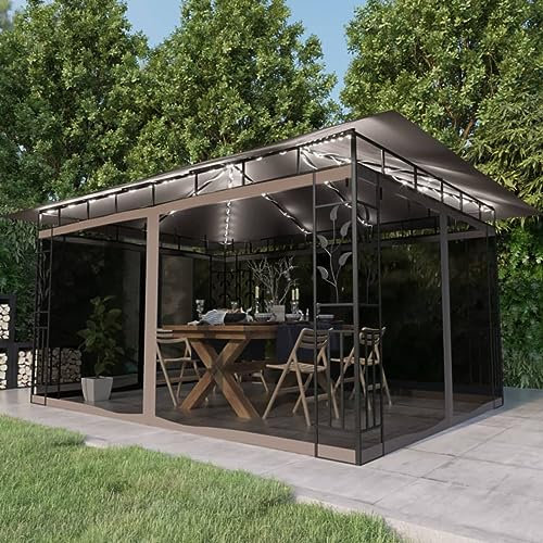Gecheer Gazebo con Zanzariera e Luci LED - Pergola da Esterno con Telo e Pareti 4x3x2,73 m, Padiglione da Giardino per Feste e Barbecue, Grigio Talpa