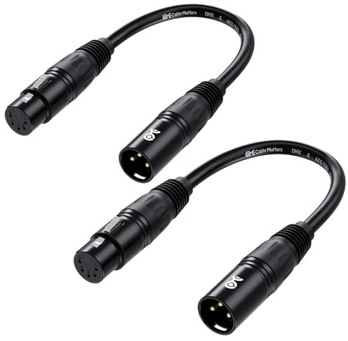 Cable Matters 2-Pack 3 Pin to 5 Pin DMX Lighting Cable - 6 Inches, 3Pin Male to 5Pin Female XLR/DMX Adapter Cable, Black