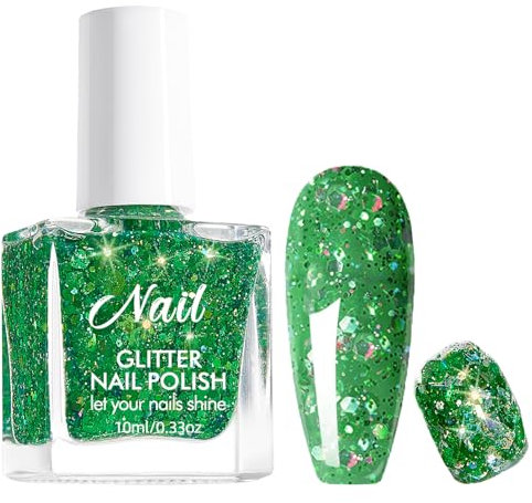 Glitter Nail Polish, Laser Sequins Green Nail Varnish, Long Lasting & Quick Drying Nail Polish, No Need UV Nail Lacquer For Women Girls Diy Nail Art At Home Nails Beauty(Laser Green, 10ML)