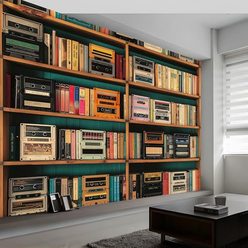 Fototapete Retro Stil Bücherregal Klebeband Tapete, Bunt Tapeten Vliestapete, Modern Wandtapete Wohnzimmer Schlafzimmer Kinderzimmer Wanddeko Motivtapeten 200 x 140 cm (B x H) Fototapete
