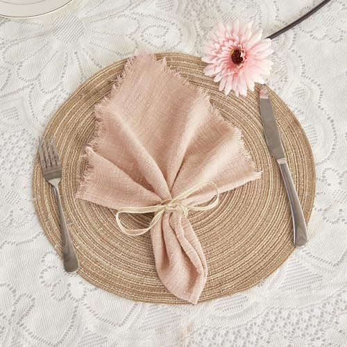 BALCONY & FALCON Fringed Cloth Napkins 100% Cotton Handmade Pink Set of 12 | 50 x 50 cm, soft and absorbent, reusable, farmhouse style, rustic table settings, weddings, Easter, Christmas, dinner parties