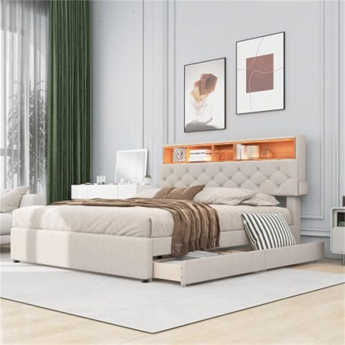 Polsterbett 140x200 cm Verstellbares Kopfteil Mit Stauraum Aufladen USB Und LED-Beleuchtung Doppelbett Mit Schubladen Familienbett Für Erwachsene Jugendliche Gästebett Beige Mit 2 Schubladen