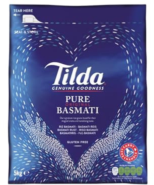 Tilda Pure Original Basmati Reis, 1er Pack (1x5kg) - Langkörniger Premium-Reis aus den Ausläufern des Himalayas, perfekt für orientalische Gerichte und Beilagen with Kajal Sticker