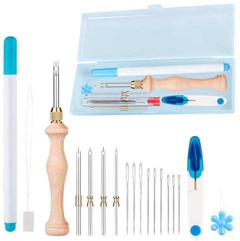 18 Stück Stickerei Starter Kit Punch Needle Kit, 2 Nadelfädler, 1 Einstellbare Stickstift aus Holzgriff mit 5 Stanzna der Größe für Handwerk Stitching Applique-Verzierungen Anfänger