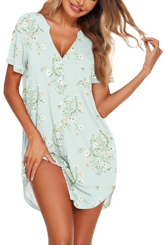 Ekouaer Camisones para mujer, vestidos de noche con botones, camisa de dormir de manga corta, cuello en V, camisón suave para dormir