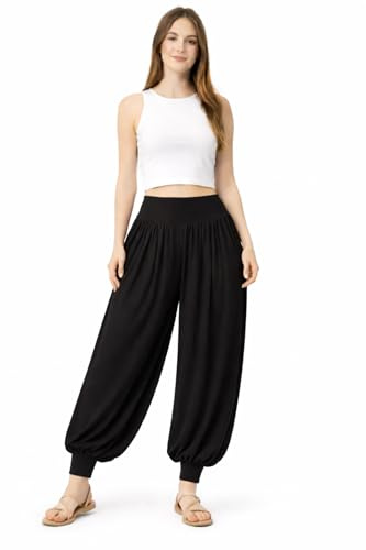 Women Harem Trousers Stretchy High Waist Baggy Pant Ladies Yoga Dance Casual Wear Pilates Pants (BLK LAD 16)