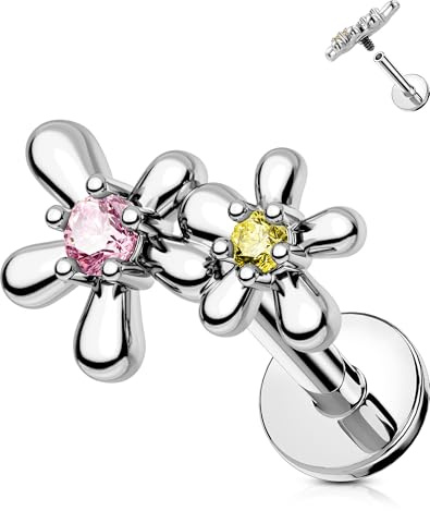 OUFER 16G Blume Helix Piercing Innengewinde Knorpel Ohrpiercing Chirurgenstahl 316L Tragus Earring Klar Rosa und Gelb CZ Labret Piercing für Frauen 6 mm