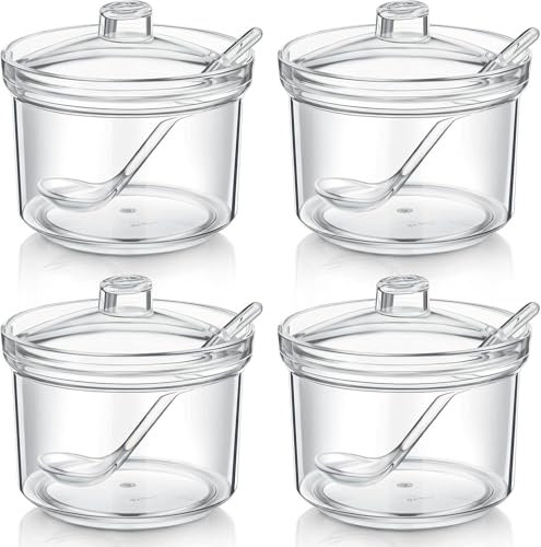 Juego de azucareros de acrílico transparente con tapas y cucharas, tarros de almacenamiento para cocina y baño, paquete de 4 (400 ml)