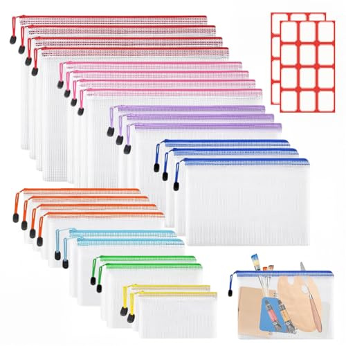 24 Stück Dokumententasche, 8 Größen Dokumententaschen Wasserdichte Dokumentenmappe mit Reißverschluss und Aufklebern Zipper Beutel für Datei Schreibwaren Quittungen