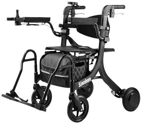 Sinceborn 4 in 1 Rollator Walker Electric Wheelchair Combo,Electric Rollator Walker with Power Assist,Foldable Lightweight Transport Wheelchair,600W Magnesium Alloy Motor–Ideal for Elderly & Rehab