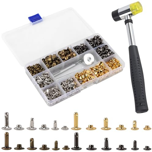 NGOSUET 420 Stück Ledernieten Set, 4 Farben Doppelkappennieten Leder Nieten Set mit Werkzeug, 3 Größen Doppelkappe Hohlnieten für DIY Lederhandwerk, Gürtel, Tasche, Kleidung, Schuhe