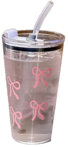 Huudngeje 450 Ml di Tazza Trasparente in Plastica Rosa con Paglia e Coperchio per Il Viaggio per Il caffè Bevanda al Latte