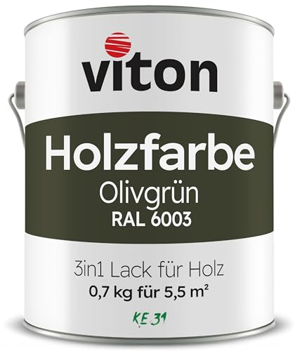 Viton Holzfarbe in Olivgrün - 0,7 Kg Holzlack Seidenmatt - Wetterschutzfarbe für Außen - 3in1 Grundierung & Deckfarbe - Profi-Holzschutzlack - KE31 - RAL 6003 Olivgrün/Olive