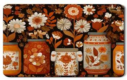 Floral Dish Drying Mats For Kitchen Counter, Vintage Orange Floral Absorbent Rubber Mat, Autumn PU Leather Drying Pad For Coffee Bar Protector 12x20 Inch