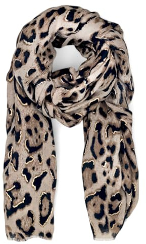 styleBREAKER Damen Schal mit Leoparden Muster und goldenen Metallic Akzenten | weiches langes Tuch mit kurzen Fransen 180 x 88 cm