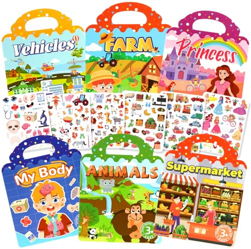 BuyCard 6 Pack Reusable Sticker Book for 2 3 4 Year Olds | 3d sticker book versatile sticker activity pack,perfect for travel, quiet time, or on-the-go entertainment