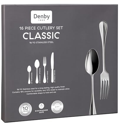 Denby Classic Cutlery Set - 16 Piece 18/10 Stainless Steel Flatware - Traditional Design with Mirror Finish - Dishwasher Safe Tableware - Knife, Fork & Spoon Set - Everyday Dining Set