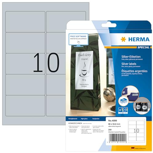 HERMA 4099 Wetterfeste Folienetiketten silber, 25 Blatt, 96 x 50,8 mm, 10 pro A4 Bogen, 2500 Stück, selbstklebend, bedruckbar, glänzend, blanko Klebeetiketten Aufkleber aus Folie