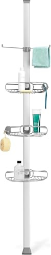 simplehuman BT1062 stor spänning duschkabin, teleskopisk hörn badrumshylla förvaring organisatör, förlänger 1,8 m till 2,7 m, lätt att installera, ingen borrning, rostfri, justerbara hyllor,
