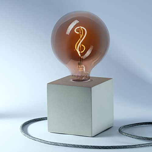 Cube-Lampe aus Beton, Textilkabel „Baumwolle“ (19 Farben wählbar), 10x10x10 cm, 2.5kg, E27 Fassung, Kabellänge 2.0m, Kipp-Schalter und Stecker, ohne Leuchtmittel (Betonlampe, Tischleuchte)