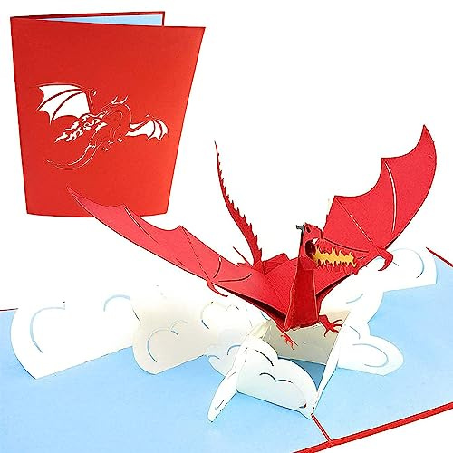 PopLife Roter Fliegender Drache 3D Pop Up Karte für Vatertag - Pop Up Geburtstagskarte, Glückwunsch, Gute Besserung, Nur weil - Mythisches Tier, Fantasiekarte, Magisches Geschenk - für Sohn, Vater