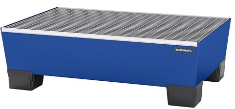 eurokraft | Stahl-Auffangwanne mit Kunststoff-Füßen | LxBxH 1240 x 815 x 360 mm | blau | mit Gitterrost